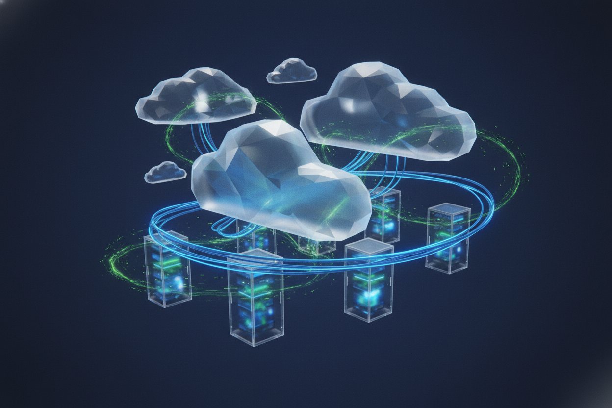 Abstract glowing cloud and server forms connected by streams of blue light.