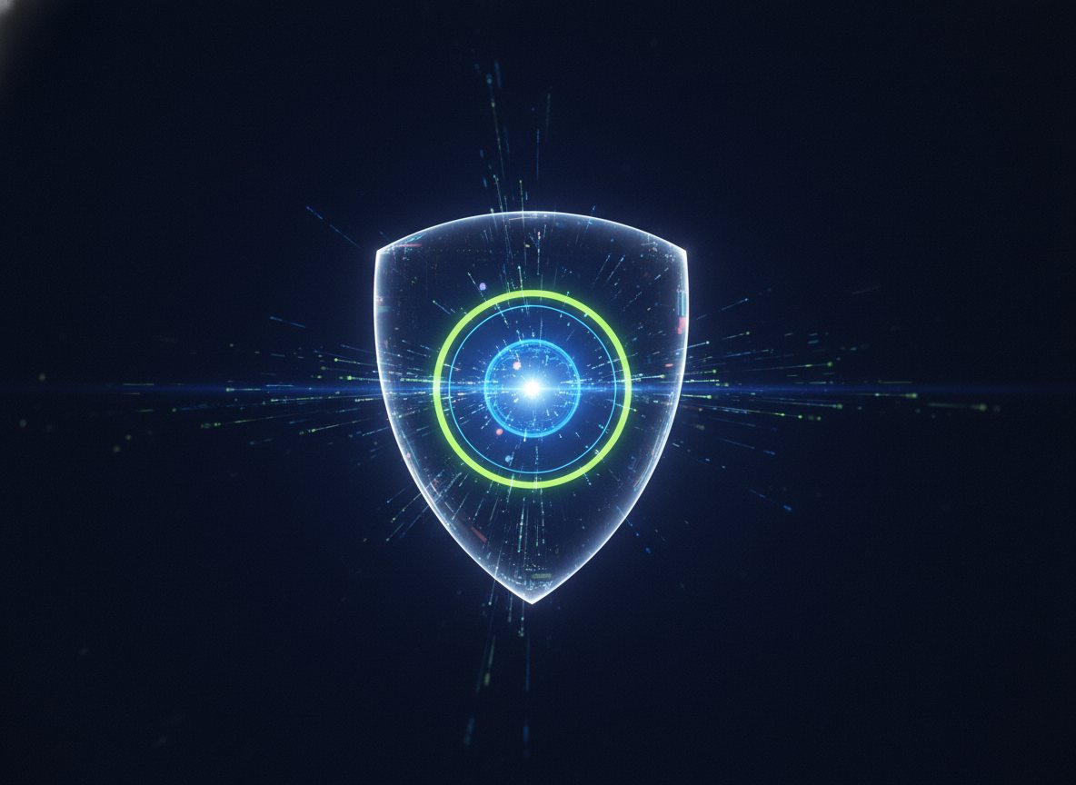 An abstract glowing shield of light and data particles in blue and lime.