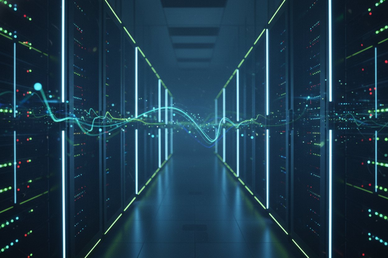 A modern data-center aisle of dark server racks lit with cool blue light.